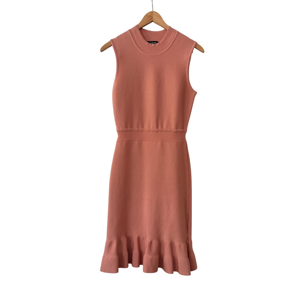 90s Y2K Bebe Dusty Pink Ribbed Knit Ruffle Hem Mock Neck Sleeveless Midi Dress M